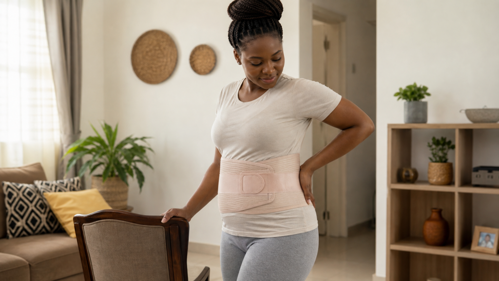 Femme portant une ceinture de soutien apres accouchement pour le mal de dos au Cameroun