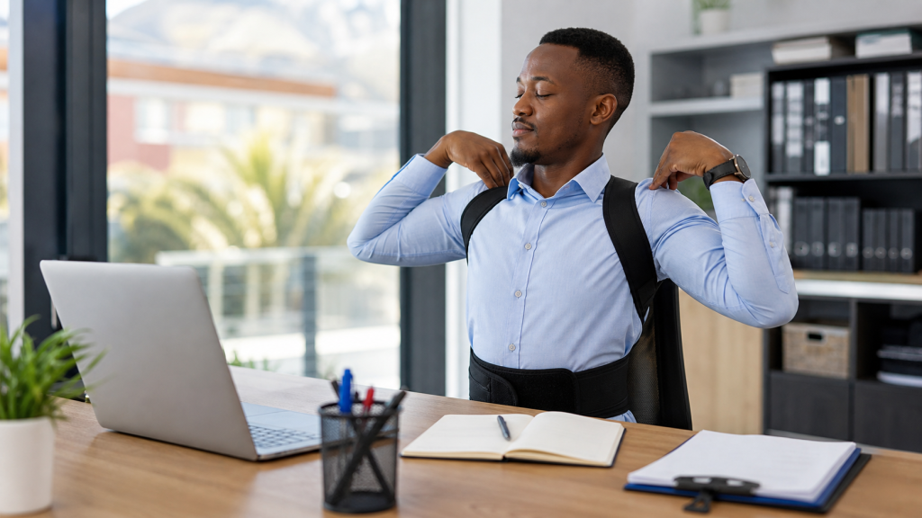 Travailleur de bureau portant un correcteur de posture pour le mal de dos au Cameroun